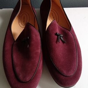 Journey West Mens Suede Loafers Burgundy Smoking Shoes Bow Accent 10.5
